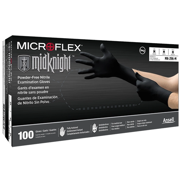 Ansell Microflex MidKnight Powder Free Nitrile Gloves, Black