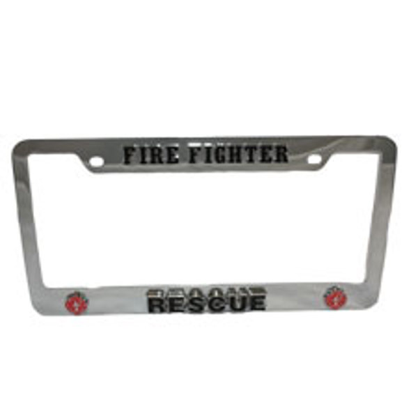 Car Tag Frame, Chrome "Firefighter"w/Maltese Crosses